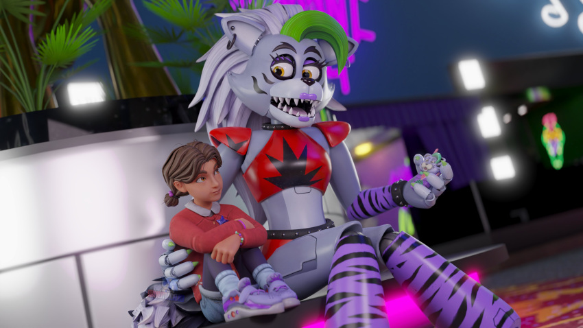absurd_res animatronic anthro belt bracelet cassie_(fnaf) collar duo ear_piercing female five_nights_at_freddy's five_nights_at_freddy's:_security_breach hi_res holding_object human hunicrio jewelry looking_at_another machine mammal open_mouth piercing robot roxanne_wolf_(fnaf) scottgames sitting spiked_belt spiked_bracelet spiked_collar spikes steel_wool_studios