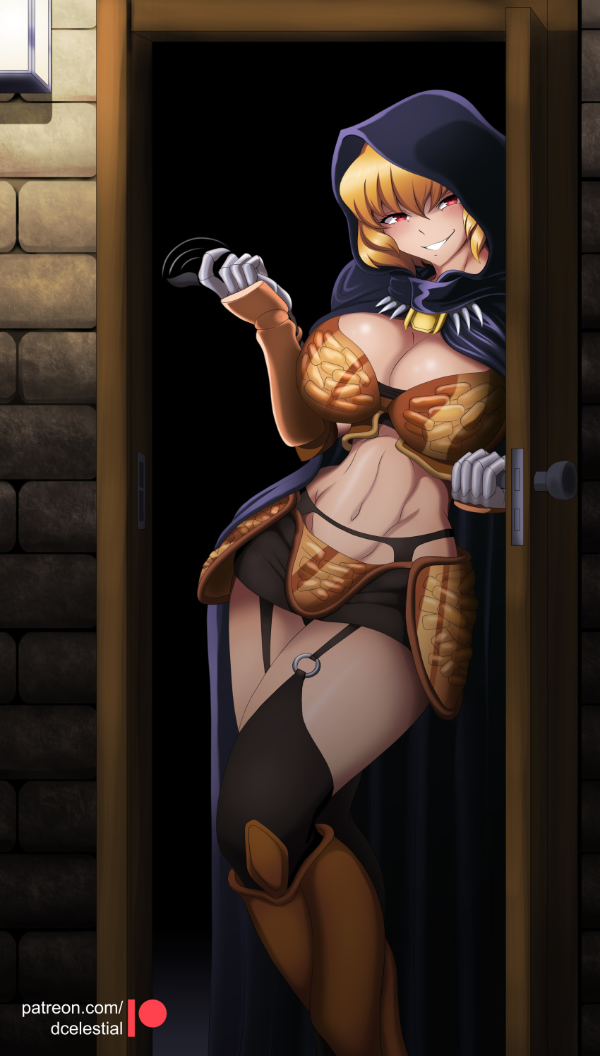 1girl absurdres afterimage armor bandeau beckoning black_bandeau black_cloak black_panties black_thighhighs blonde_hair blush breasts brick_wall brown_armor cleavage clementine_(overlord) cloak daniel_celestino doorknob doorway english_commentary feet_out_of_frame garter_belt gauntlets greaves grin hair_between_eyes highres hood hooded_cloak large_breasts looking_at_viewer motion_lines navel o-ring o-ring_legwear open_door overlord_(maruyama) panties patreon_logo patreon_username red_eyes seductive_smile short_hair smile solo standing stomach thighhighs underwear wall_lamp web_address