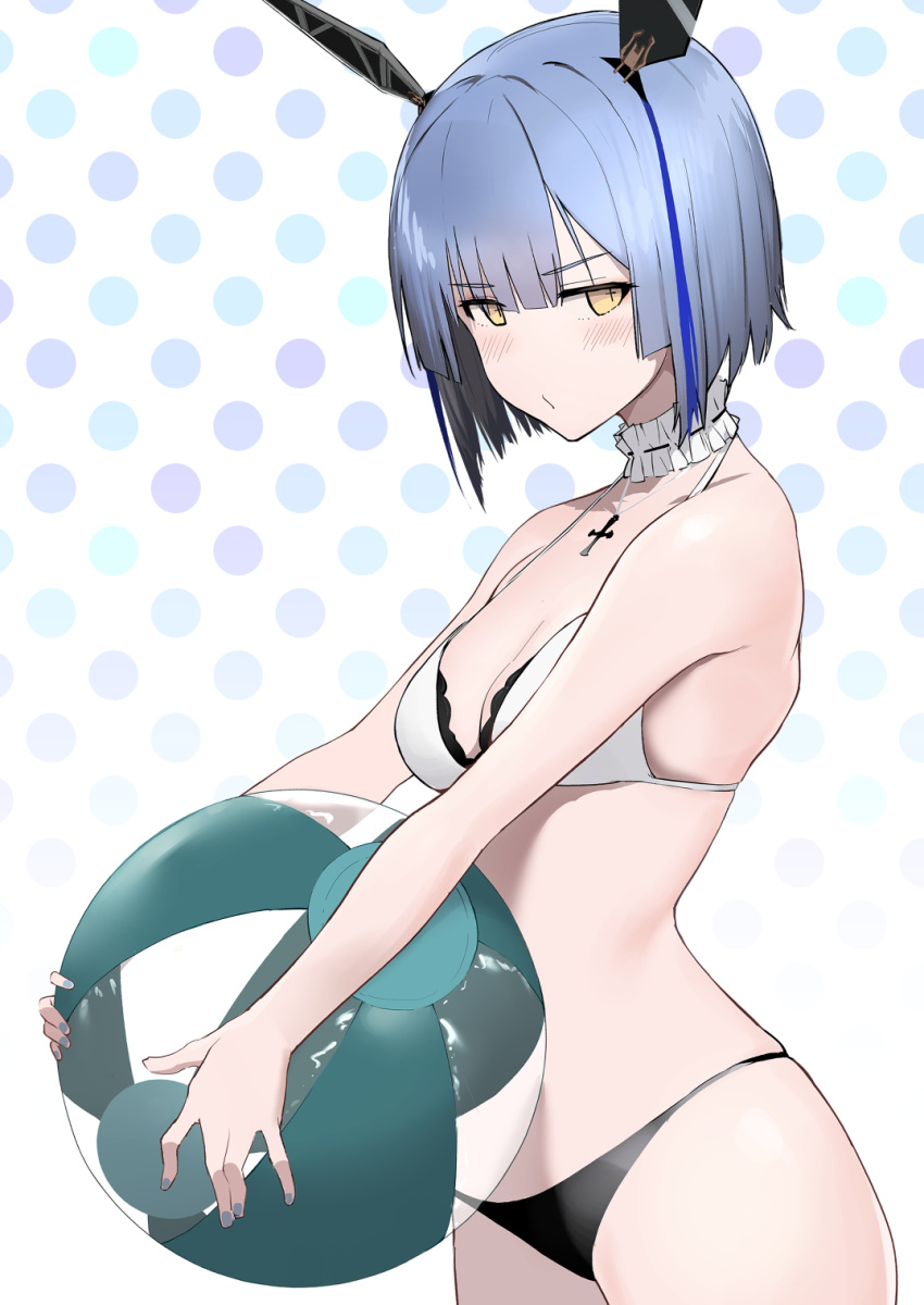 +_+ 1girl azur_lane ball bare_shoulders beachball bikini black_bikini black_bikini_bottom blue_hair blue_nails breasts cleavage collar cowboy_shot cross cross-shaped_pupils cross_necklace frilled_collar frills from_side gascogne_(azur_lane) gascogne_(tropical_environs_acclimation_service_equipment)_(azur_lane) headgear highres holding holding_ball holding_beachball jewelry looking_at_viewer medium_breasts multicolored_hair necklace official_alternate_costume oregano_(olgn_eao) pout short_hair solo streaked_hair swimsuit symbol-shaped_pupils two-tone_bikini white_bikini yellow_eyes