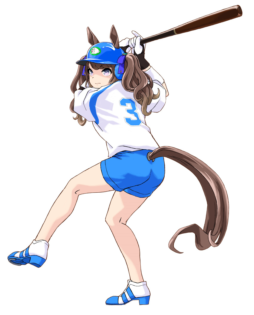 1girl absurdres animal_ears baseball_bat baseball_uniform batting_stance blue_shorts brown_hair gloves highres holding holding_baseball_bat horse_ears horse_girl horse_tail long_hair nippon_professional_baseball saitama_seibu_lions shorts simple_background solo sportswear tail tori_no_teriyaki tosen_jordan_(umamusume) umamusume white_background