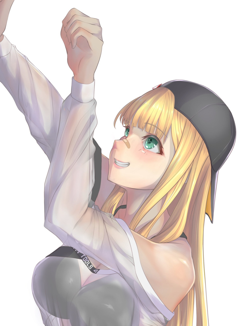 1girl arms_up backwards_hat bandaid bandaid_on_face bandaid_on_nose bare_shoulders baseball_cap black_headwear black_sports_bra blonde_hair blunt_bangs blush breasts centi_(nikke) centi_(supreme_holiday)_(nikke) clothes_writing goddess_of_victory:_nikke green_eyes grin hat highres large_breasts long_hair looking_up off-shoulder_shirt off_shoulder official_alternate_costume ringoapple00 see-through see-through_shirt shirt sidelocks simple_background smile solo sports_bra unfinished upper_body white_background white_shirt