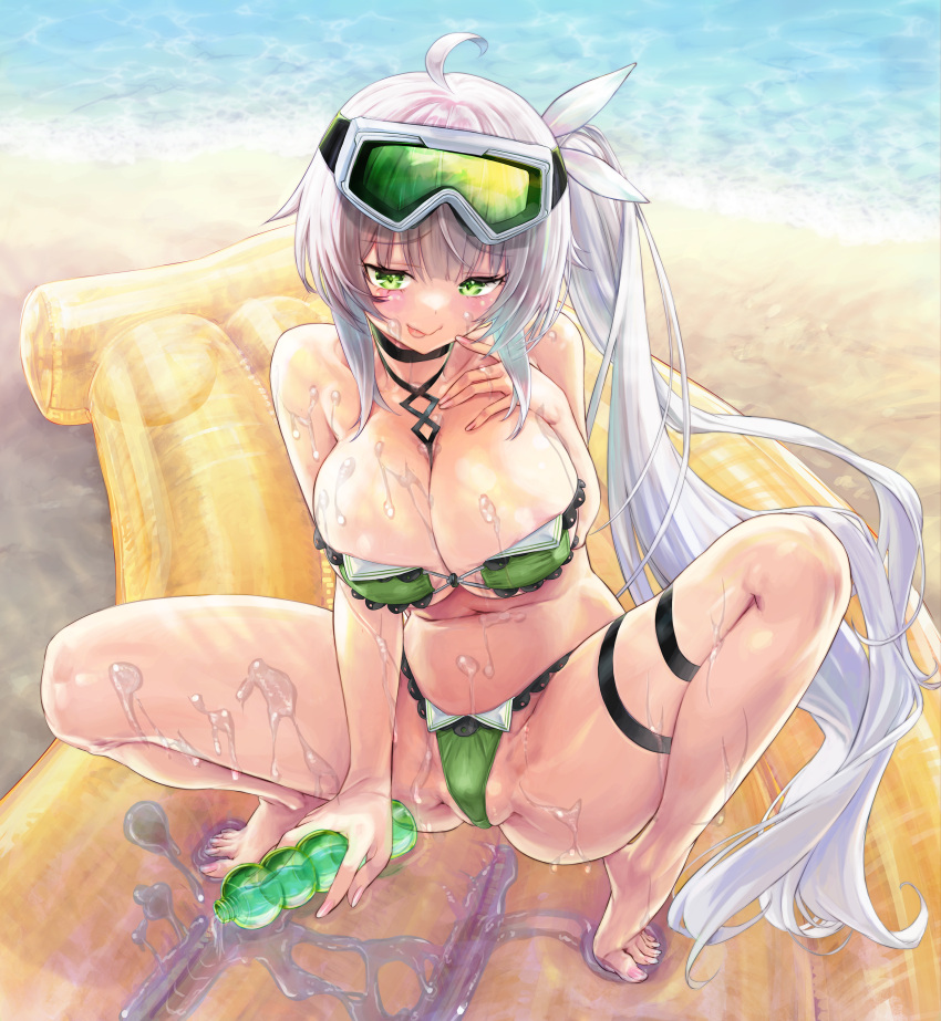 1girl absurdres ahoge air_mattress barefoot bikini breasts cameltoe cleavage commission eyepatch_bikini feet green_bikini green_eyes grey_hair hair_ornament highres indie_virtual_youtuber kiyama_satoshi large_breasts legs long_hair looking_at_viewer lotion micro_bikini no_shoes rimuchi_(virtual_youtuber) side_ponytail skeb_commission smile solo spread_legs squatting strapless swimsuit tiptoes toenails toes tongue tongue_out tube_top virtual_youtuber