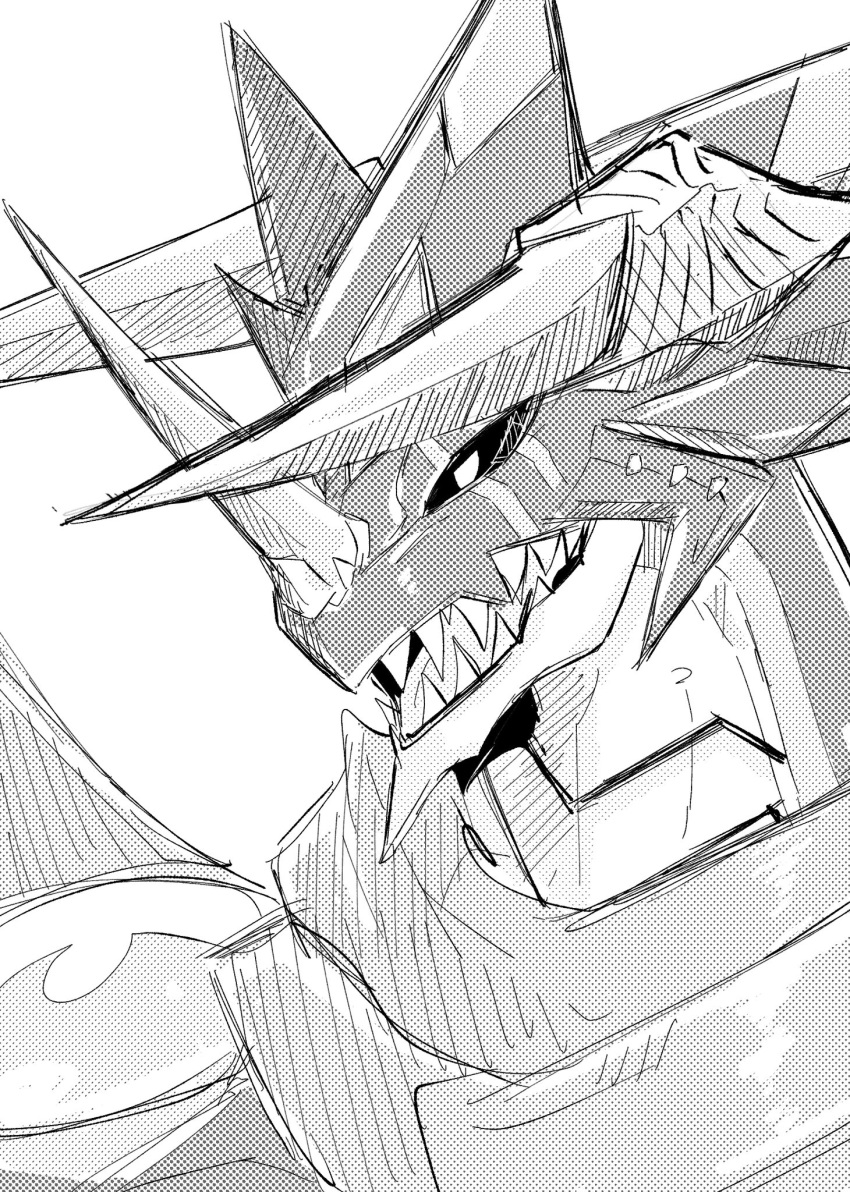 anthro bandai_namco black_sclera digimon digimon_ghost_game dragon hi_res horn im7yx male monochrome regulusmon sharp_teeth sketch solo teeth