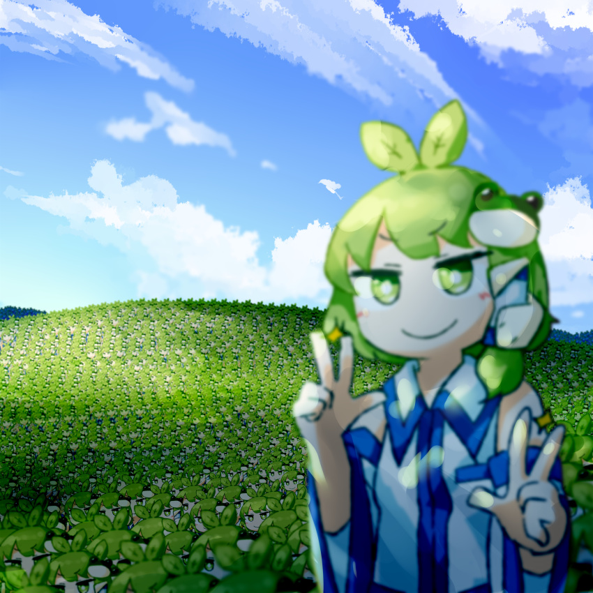 6+girls antenna_hair bliss_(image) blue_sky breasts bright_pupils closed_mouth cloud collared_shirt commentary_request day detached_sleeves double_w frog_hair_ornament green_eyes green_hair hair_ornament highres kochiya_sanae looking_at_viewer medium_bangs microsoft_windows multiple_girls multiple_persona outdoors plant_hair shirt short_hair single_hair_tube single_sidelock sky sleeveless sleeveless_shirt small_breasts smile snake_hair_ornament touhou upper_body w white_pupils white_shirt white_sleeves wide_sleeves windows_xp yaise