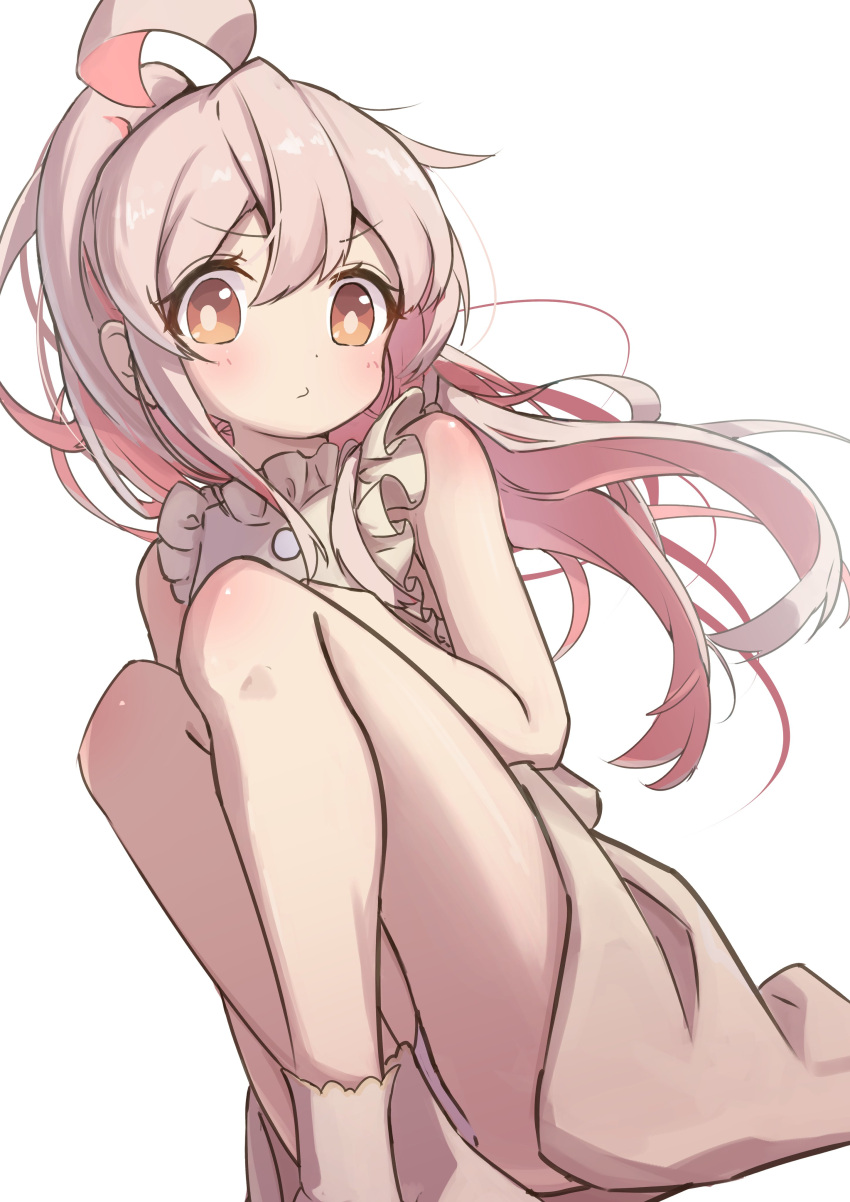 1girl absurdres bare_arms bare_legs bare_shoulders brown_eyes commentary dot_nose dress grey_hair hair_between_eyes halu_1113 highres knees_to_chest legs long_hair looking_at_viewer multicolored_hair onii-chan_wa_oshimai! oyama_mahiro pink_hair ponytail pout simple_background sitting sleeveless sleeveless_dress socks solo two-tone_hair white_background