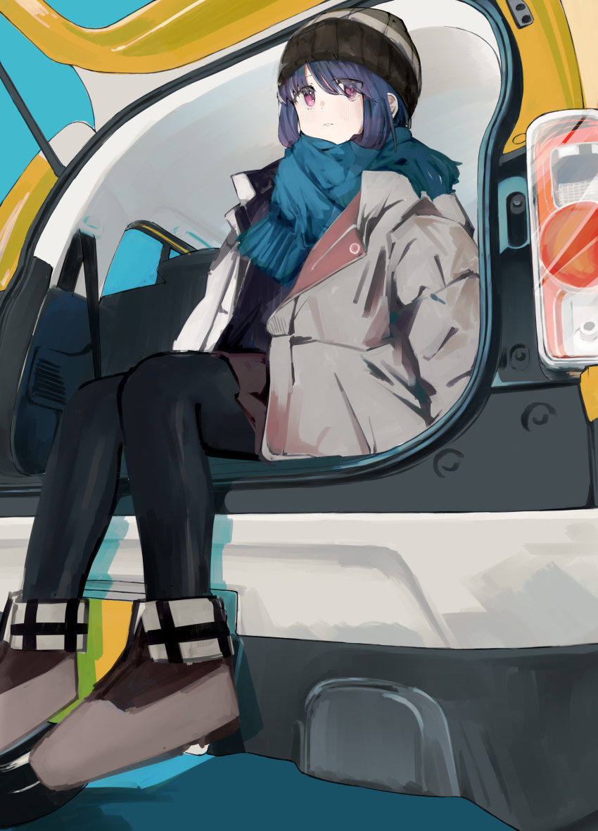 1girl absurdres beanie black_headwear black_pantyhose blue_hair blue_scarf blush closed_mouth coat fringe_trim grey_coat hat highres leadin_the_sky long_sleeves open_clothes open_coat pantyhose purple_eyes scarf shima_rin short_hair sitting solo yurucamp