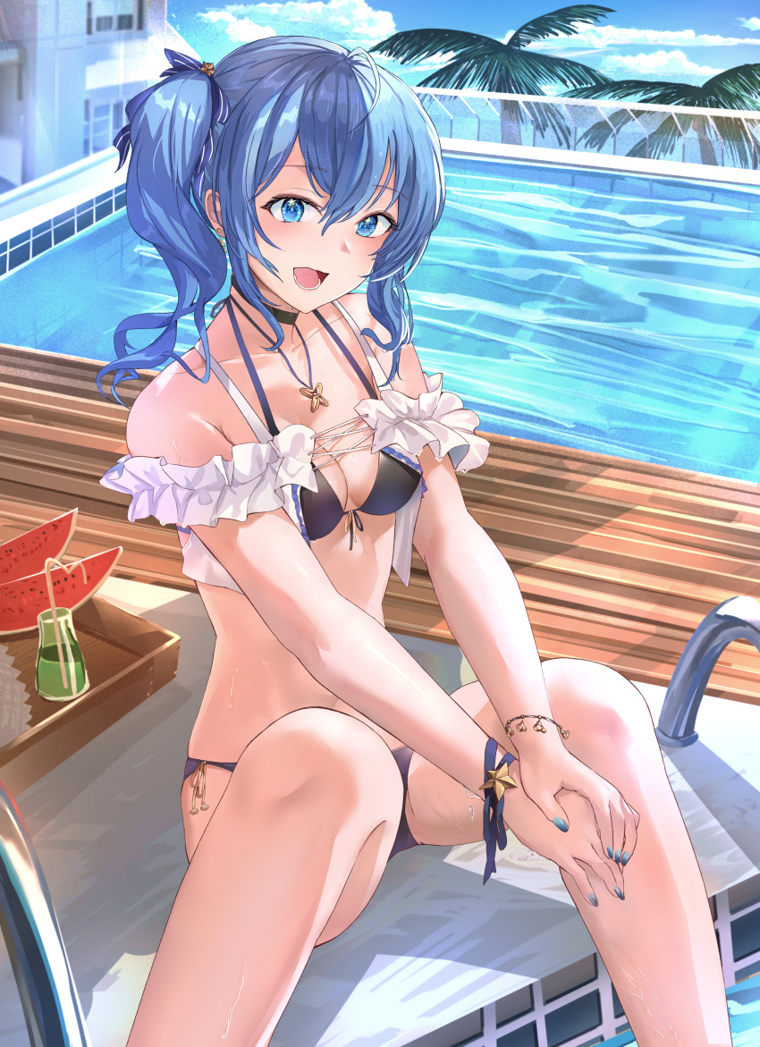 1girl :d absurdres bikini black_bikini black_choker blue_eyes blue_hair blue_nails blue_sky bottle bracelet breasts choker cloud day drinking_straw food frills fruit highres hololive hoshimachi_suisei jewelry mosta_(lo1777789) open_mouth outdoors pendant pool poolside side_ponytail sitting sky small_breasts smile solo star_(symbol) star_in_eye swimsuit symbol_in_eye virtual_youtuber watermelon watermelon_slice