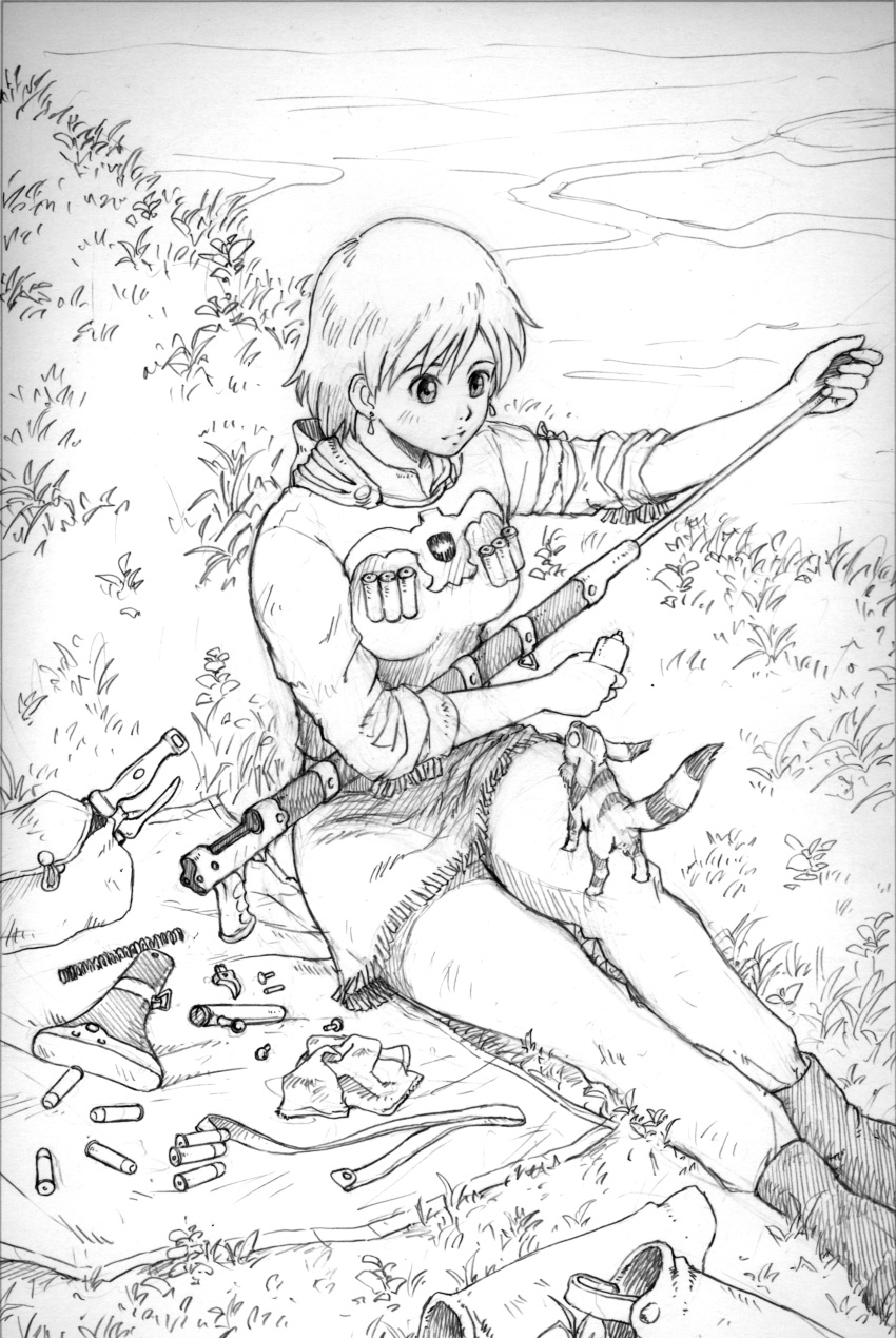 1girl absurdres ammunition boots cleaning_gun earrings greyscale gun highres holding holding_gun holding_weapon humi_(jun-shu) jewelry knife monochrome napkin nausicaa pants screw shirt short_hair sitting spring_(object) studio_ghibli teto_(nausicaa) traditional_media weapon