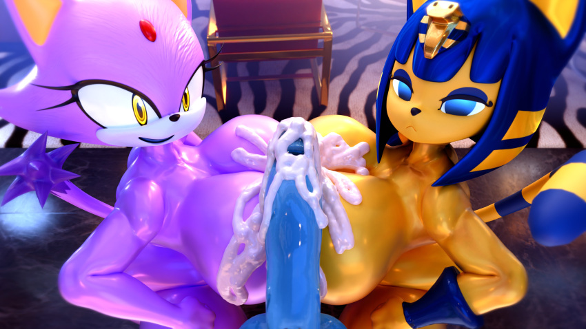 3d_(artwork) absurd_res animal_crossing ankha_(animal_crossing) anthro armband balls big_breasts big_penis black_nose blaze_the_cat blender_(software) blue_body blue_eyes blue_fur blue_hair blue_penis bodily_fluids breast_squish breasts breasts_frottage cum cum_on_breasts cum_on_penis digital_media_(artwork) domestic_cat emotionless felid feline felis female forehead_gem fur genital_fluids genitals group hair hi_res looking_at_viewer male male/female mammal nintendo palisal penis purple_body purple_fur purple_hair sega smile sonic_the_hedgehog_(series) squish tail trio yellow_body yellow_eyes yellow_fur