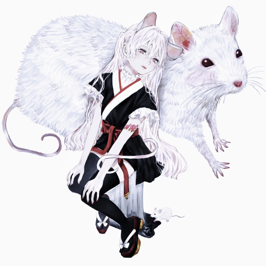 1girl 2020 animal animal_ears arm_tattoo black_robe black_thighhighs chinese_zodiac expressionless full_body hands_on_own_knees highres long_hair looking_at_viewer mouse mouse_ears mouse_girl mouse_tail original oversized_animal pink_eyes robe sandals sash shirone_(coxo_ii) short_sleeves simple_background sitting tail tattoo thighhighs very_long_hair white_background white_hair year_of_the_rat