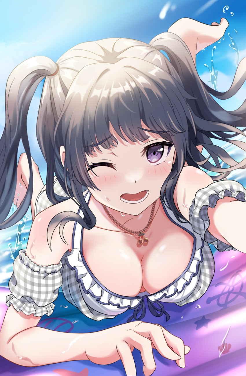 1girl bang_dream! black_hair blush breasts highres large_breasts long_hair open_mouth plaid plaid_swimsuit purple_eyes shirokane_rinko sidelocks solo swimsuit twintails
