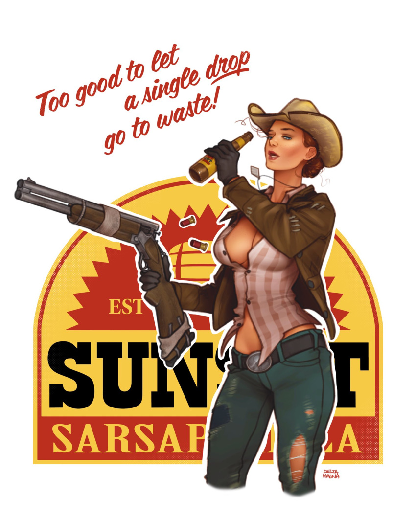 belt blue_eyes bottle break_action breasts cleavage cowboy_hat deltamagna denim drinking fallout_(series) fallout_new_vegas gun hat highres holding holding_bottle jacket jeans jewelry lipstick looking_at_viewer makeup necklace open_clothes open_jacket pants red_hair root_beer rose_of_sharon_cassidy shotgun shotgun_shell signature sunset_sarsaparilla unbuttoned weapon white_background