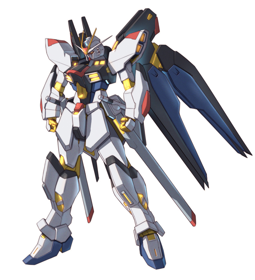 clenched_hands commentary full_body gundam gundam_seed gundam_seed_destiny highres looking_down mecha mechanical_wings mobile_suit no_humans orange_eyes robot science_fiction simple_background solo standing strike_freedom_gundam takahashi_masaki v-fin white_background wings yellow_eyes