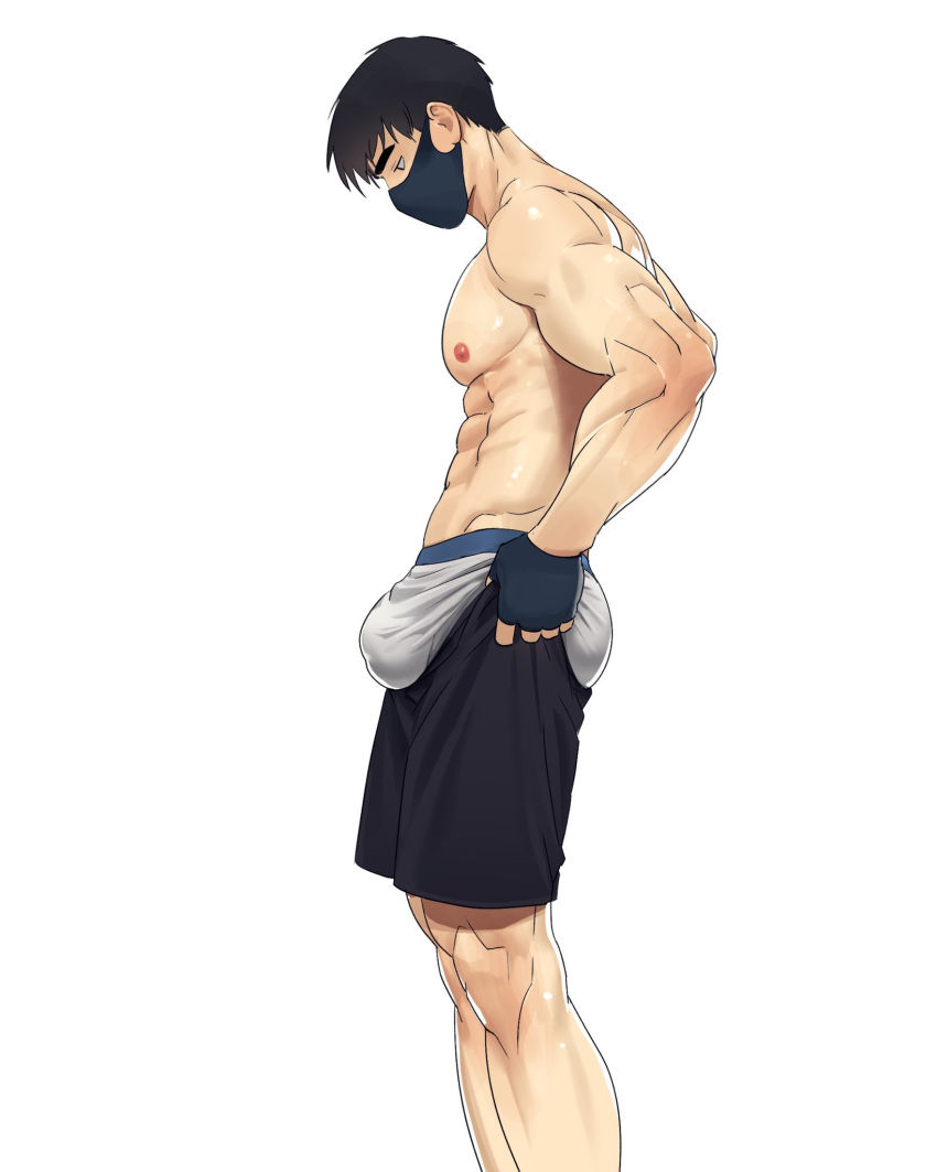 1boy abs ass bara black_shorts bulge bulge_lift dressing feet_out_of_frame from_side grey_male_underwear highres i've_never_seen_a_guy_recreate_this_successfully_tbh_(meme) large_pectorals male_focus male_underwear mask meme mouth_mask muscular muscular_male naoki_(xhju8282) nipples open_pants original pants pants_lift pectorals shiny_skin short_hair shorts solo stomach topless_male undersized_clothes underwear