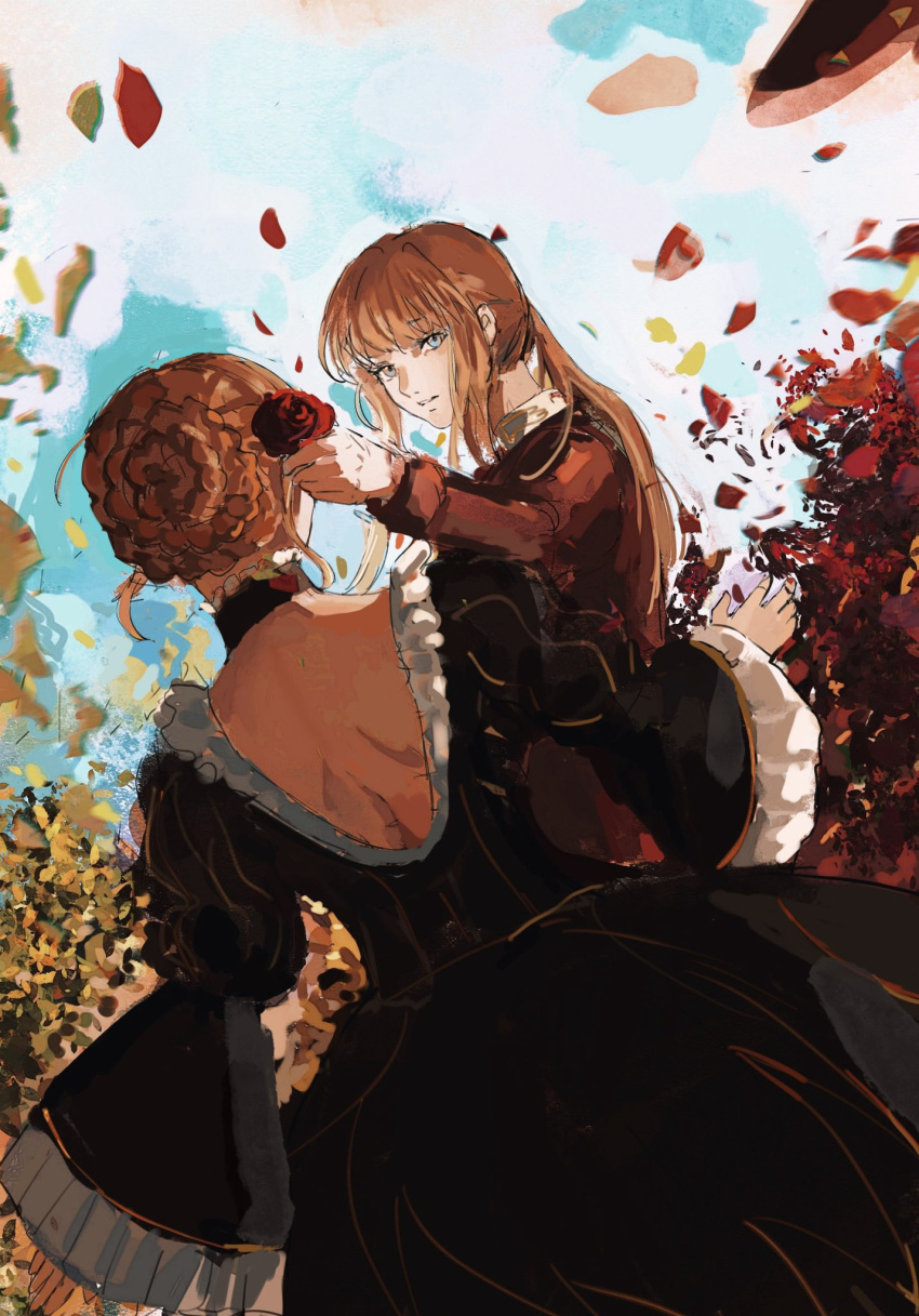 1girl 1other ashashio backless_dress backless_outfit beatrice_(umineko) black_dress blazer blonde_hair blue_eyes choker collared_shirt dress flower from_behind hair_bun highres jacket petals ponytail red_flower red_rose rose shirt single_hair_bun sky umineko_no_naku_koro_ni ushiromiya_lion