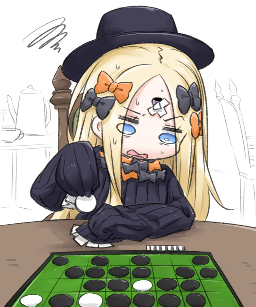 1girl abigail_williams_(fate) black_bow black_dress black_headwear blonde_hair blue_eyes board_game bow chair cup dress fate/grand_order fate_(series) hair_bow hat highres long_hair long_sleeves neon-tetora on_chair open_mouth orange_bow parted_bangs puffy_long_sleeves puffy_sleeves reversi simple_background sleeves_past_fingers sleeves_past_wrists solo squiggle sweat teacup teapot upper_body very_long_hair wavy_mouth white_background