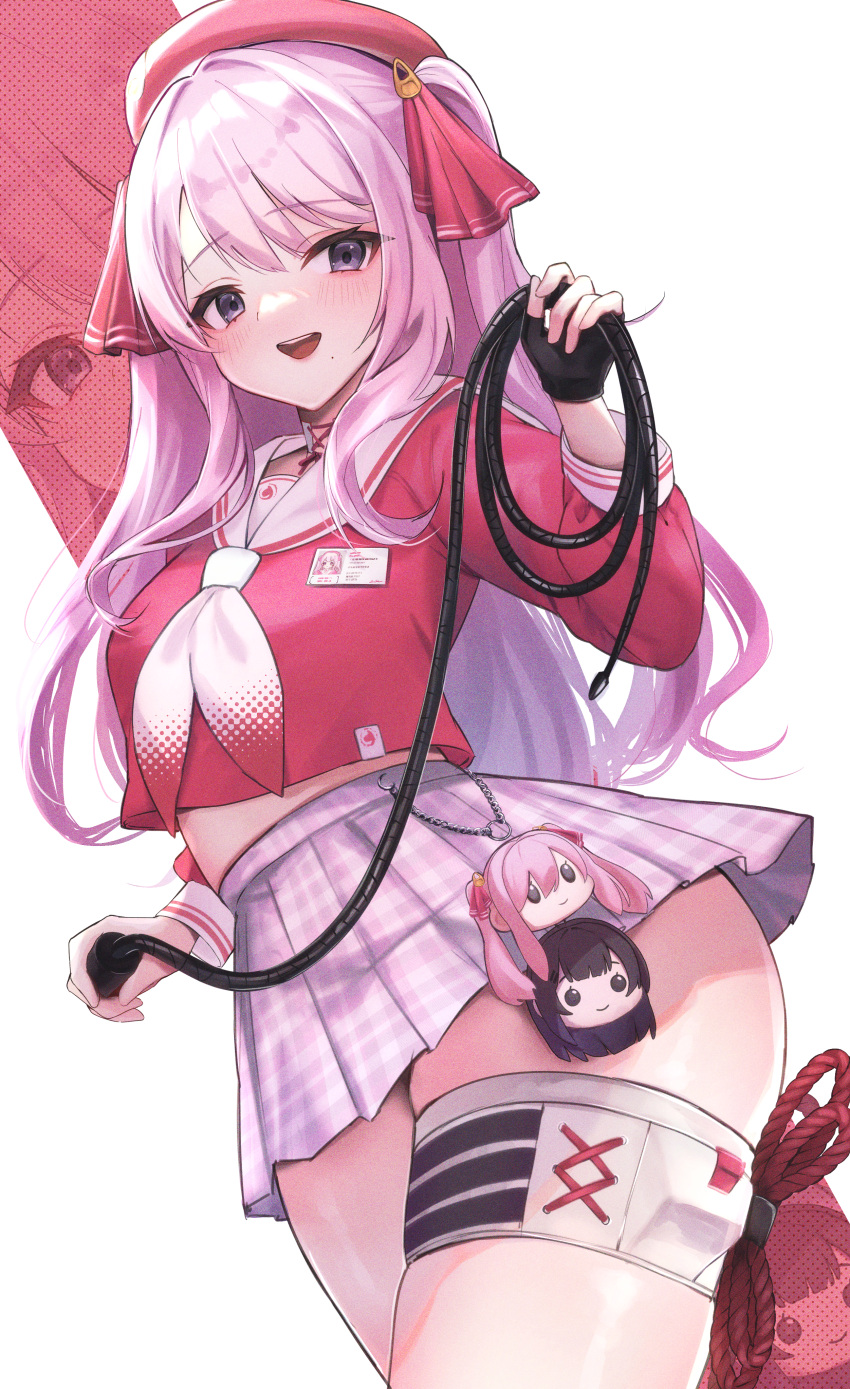 1girl :d absurdres akai_ame black_gloves blush commentary cowboy_shot crop_top fingerless_gloves from_side gloves goddess_of_victory:_nikke high-waist_skirt highres holding holding_whip id_card long_hair looking_at_viewer mihara_(nikke) mole mole_under_mouth neckerchief open_mouth pink_hair pink_skirt plaid plaid_skirt pleated_skirt purple_eyes red_headwear red_serafuku rope sailor_collar school_uniform serafuku sidelocks single_glove skindentation skirt smile solo standing teeth thighs upper_teeth_only white_background white_neckerchief white_sailor_collar yuni_(nikke) yuni_(pretty_in_pink)_(nikke) zoom_layer