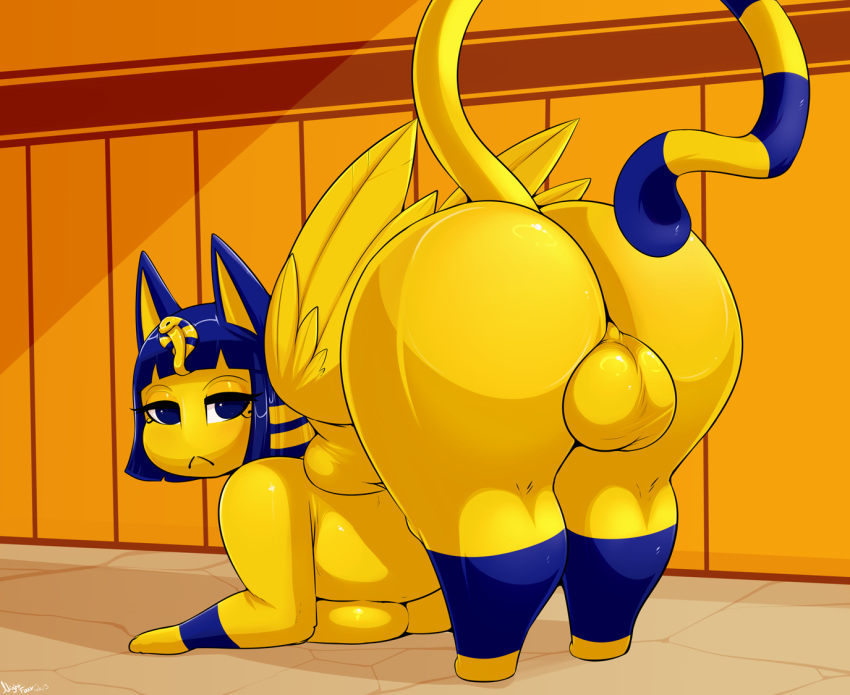 animal_crossing ankha_(animal_crossing) anthro ass_up balls big_butt breasts butt crossgender domestic_cat feathers felid feline felis ftg_crossgender fti_crossgender genitals gynomorph huge_butt hybrid intersex looking_at_viewer looking_back looking_back_at_viewer mammal nightfaux nintendo thick_thighs yellow_body yellow_feathers