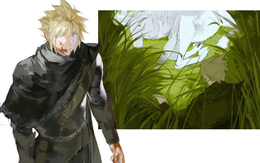 2boys alternate_costume alternate_universe arm_armor armor black_armor black_cape blonde_hair blood blood_on_face blood_on_hands blue_eyes borderless_panels bracer breastplate cape centaur cloud_strife colored_skin commentary day fantasy final_fantasy final_fantasy_vii foliage grass highres knight light_smile long_hair lying male_focus multiple_boys multiple_views nipples on_grass outdoors parted_lips sephiroth short_hair smile spiked_hair standing symbol-only_commentary tall_grass taur topless_male unicorn white_hair white_skin xscr1205