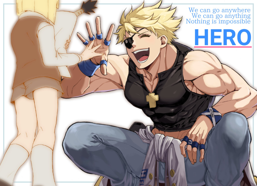 1boy 1other abs blonde_hair eyepatch fingerless_gloves gloves guilty_gear guilty_gear_strive highres lamp9229 looking_at_viewer male_focus muscular muscular_male open_mouth pectorals short_hair sin_kiske smile