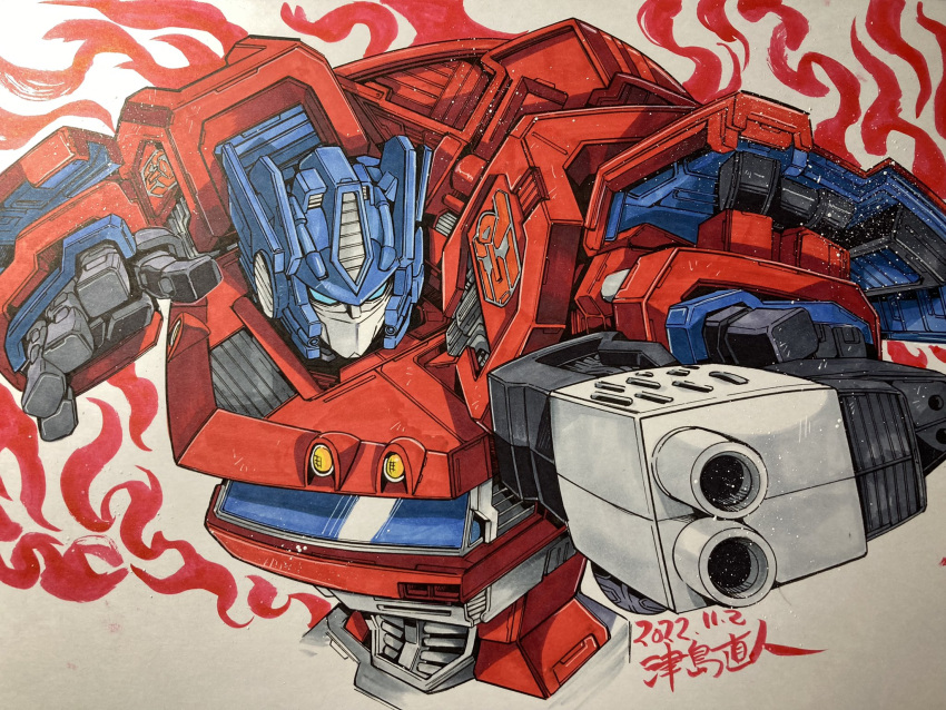 artist_name autobot blue_eyes dated fire from_above gun highres holding holding_gun holding_weapon mecha no_humans optimus_prime robot science_fiction solo traditional_media transformers tsushima_naoto upper_body weapon white_background