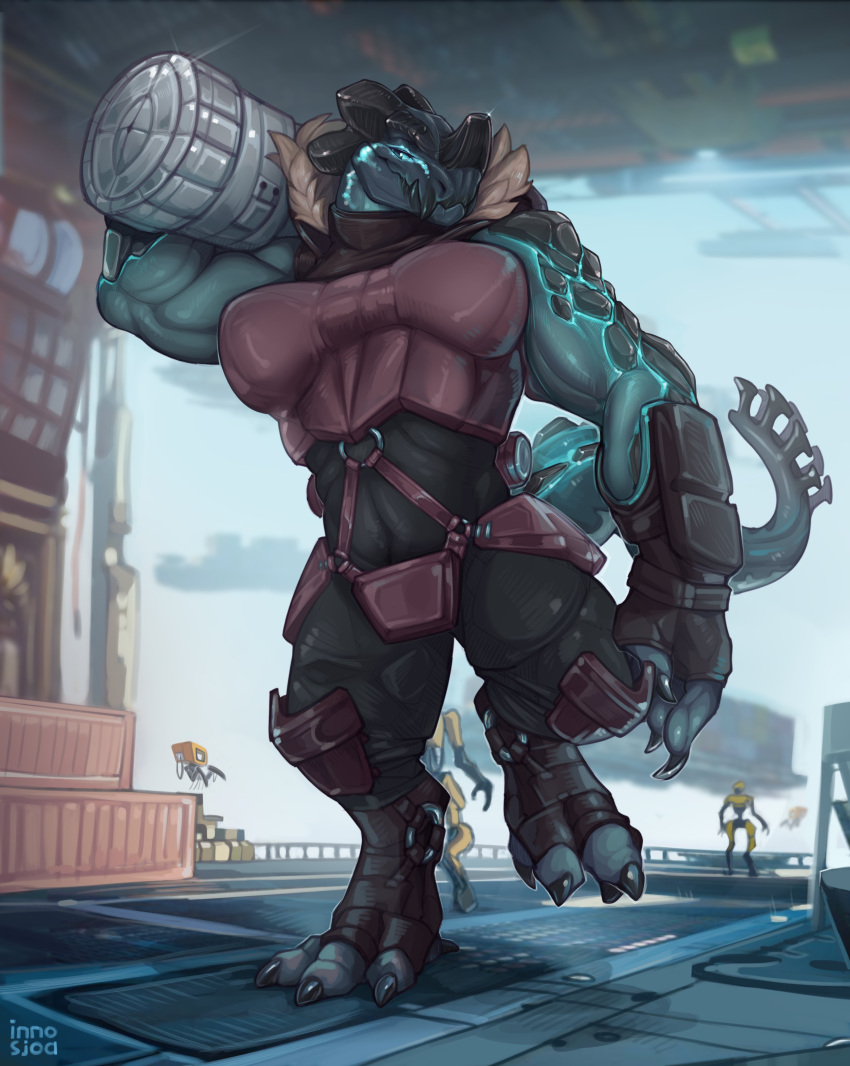 absurd_res anthro armor big_breasts breasts claws clothed clothing facial_horn female fully_clothed grey_body grey_scales hangar hi_res holding_object horn humanoid inno-sjoa kaiju machine muscular muscular_anthro muscular_female nose_horn reptile robot robot_humanoid scales scalie solo toe_claws