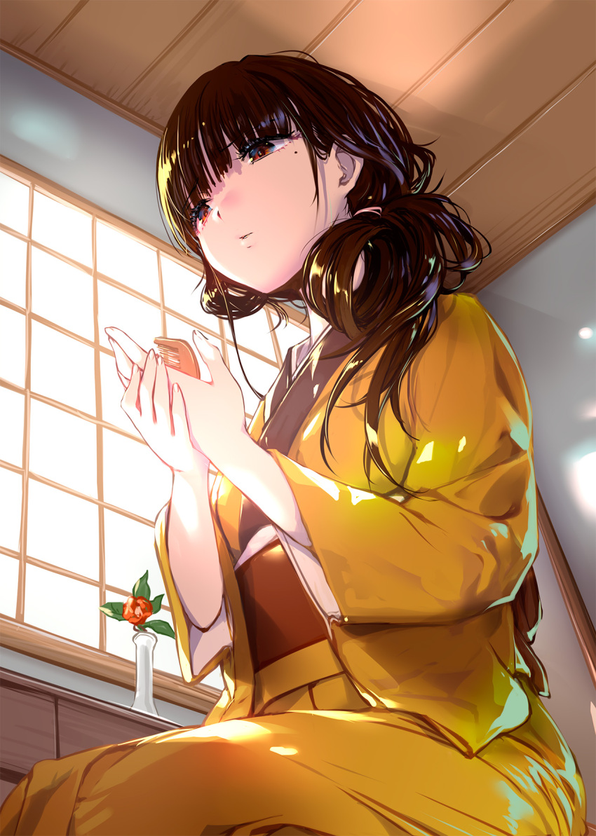 1girl black_hair comb from_below hair_over_shoulder hands_up highres holding holding_comb indoors japanese_clothes kimono long_hair mikazuki_akira! parted_lips ponytail red_eyes saimori_miyo seiza sitting solo watashi_no_shiawase_na_kekkon wide_sleeves wooden_ceiling yellow_kimono