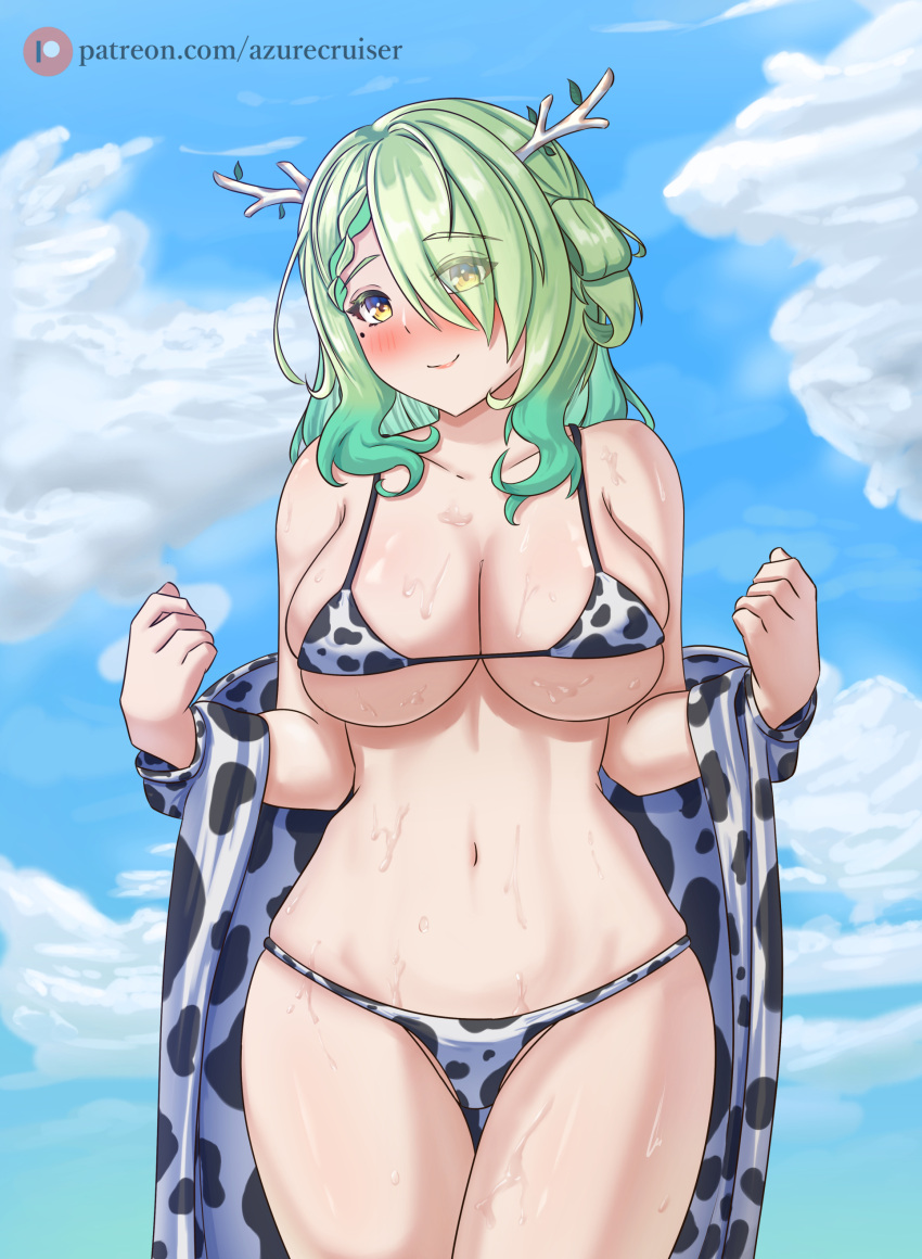 1girl absurdres animal_print antlers azurecruiser bikini blue_sky blush braid braided_bangs branch breasts ceres_fauna cleavage cloud cloudy_sky cow_print green_hair hair_over_one_eye highres hololive hololive_english jacket large_breasts looking_at_viewer mole mole_under_eye navel patreon_logo patreon_username removing_jacket sky smile sweat swimsuit underboob upper_body virtual_youtuber wet yellow_eyes