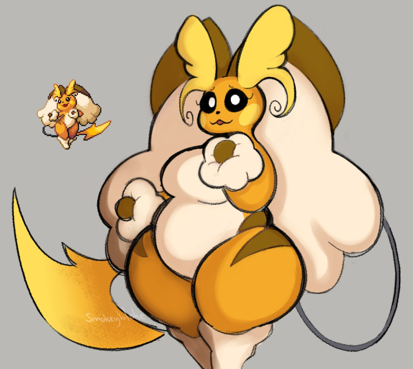 anthro big_ears black_eyes breasts digital_drawing_(artwork) digital_media_(artwork) dot_nose eyelashes female fluffy fluffy_ears fusion generation_1_pokemon generation_4_pokemon hybrid long_tail looking_at_viewer lopunny nintendo open_mouth orange_body pokemon pokemon_(species) pokemon_fusion raichu raipunny simple_background slightly_chubby smokey_blokey solo standing tail thick_thighs three-quarter_view