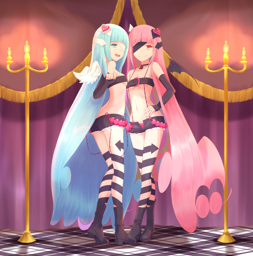 2girls absurdres angel_and_devil arrow_(symbol) ass back bare_shoulders belt belt_bra black_choker black_footwear black_ribbon black_shorts black_sleeves black_thighhighs black_wings blue_eyes blue_hair blunt_bangs boots breasts butt_crack candle candlestand choker cleavage closed_mouth collarbone commentary_request conception:_ore_no_kodomo_wo_undekure! crossed_legs curtains demon_wings detached_sleeves detached_wings eyepatch feathered_wings from_behind full_body groin hair_ornament hair_ribbon hand_on_own_hip hand_up happy heart heart_hair_ornament heel_up highres indoors kneepits legs lillie_(conception) lillith_(conception) long_hair long_sleeves looking_at_viewer looking_back micro_shorts mini_wings multiple_girls navel open_fly open_mouth partial_commentary pink_hair red_eyes ribbon shorts siblings sidelocks slit_pupils small_breasts smile soanote standing stomach suspender_shorts suspenders suspenders_slip teeth thighhighs thighs tile_floor tiles twins underboob very_long_hair watson_cross white_ribbon white_wings wings