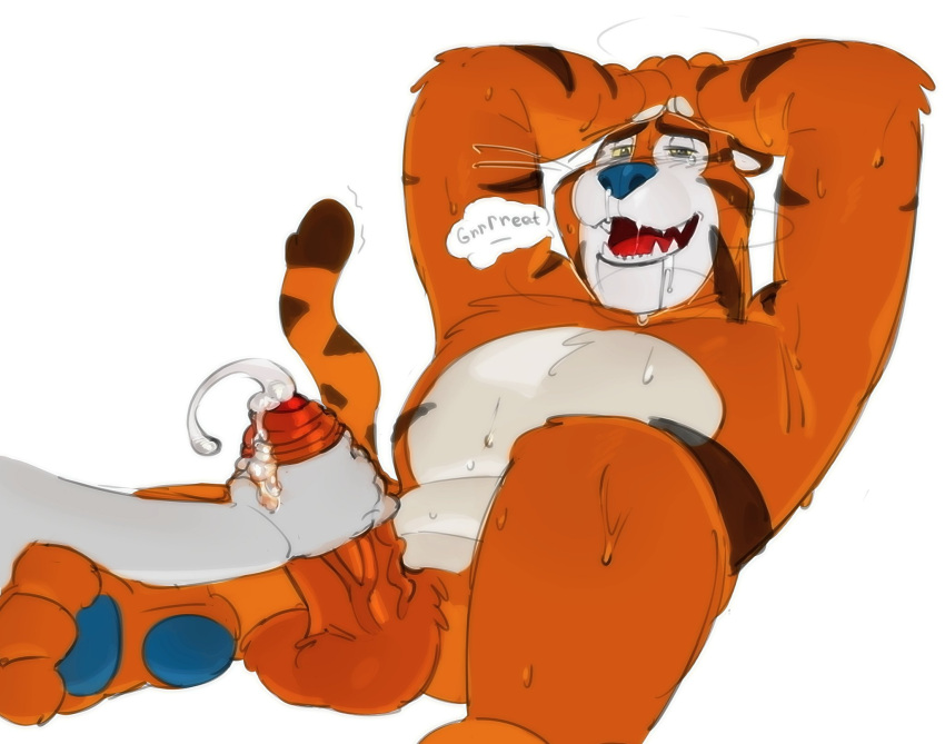 2023 3_toes ambiguous_gender anon anthro balls blush blush_lines bodily_fluids brown_body brown_fur brown_stripes cum digital_media_(artwork) drooling duo english_text erection eyebrows feet felid foreskin frosted_flakes fur genital_fluids genitals grey_body grey_skin half-closed_eyes handjob hi_res human human_on_anthro humanoid_genitalia humanoid_penis interspecies kellogg's kogito male male/ambiguous mammal mascot muscular muscular_anthro muscular_male narrowed_eyes nude open_mouth open_smile orange_body orange_fur orgasm orgasm_face pantherine pecs penile penis saliva sex simple_background smile speech_bubble striped_body striped_fur stripes sweat tail talking_to_another talking_to_partner teeth text tiger toes tongue tony_the_tiger vein veiny_penis whiskers white_background white_body white_fur