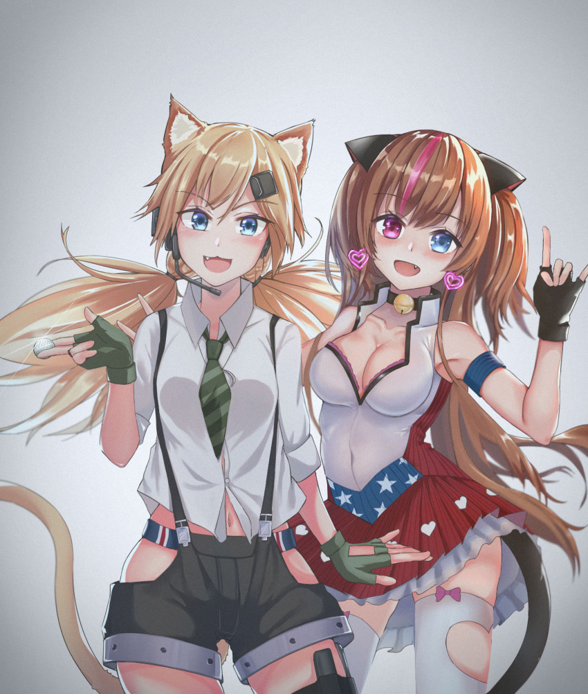 2girls :d \n/ american_flag_dress animal_ear_fluff animal_ears bell between_fingers black_collar blonde_hair blue_eyes blush bow_legwear breasts brown_hair cat_ears cat_tail chinese_commentary cleavage collar collarbone commentary_request covered_navel cowboy_shot diagonal-striped_necktie earrings fang girls'_frontline gloves green_gloves green_necktie grey_background hair_between_eyes hair_ornament hand_up headset heart heart_earrings heterochromia highres holding idw_(girls'_frontline) jewelry large_breasts long_hair looking_at_viewer masoutsugumi midriff mk23_(girls'_frontline) multicolored_hair multiple_girls navel neck_bell necktie open_mouth pink_eyes pink_hair shirt shorts simple_background skindentation smile star_(symbol) streaked_hair suspender_shorts suspenders tail thigh_strap thighhighs token_(girls'_frontline) twintails union_jack union_jack_panties very_long_hair white_shirt white_thighhighs