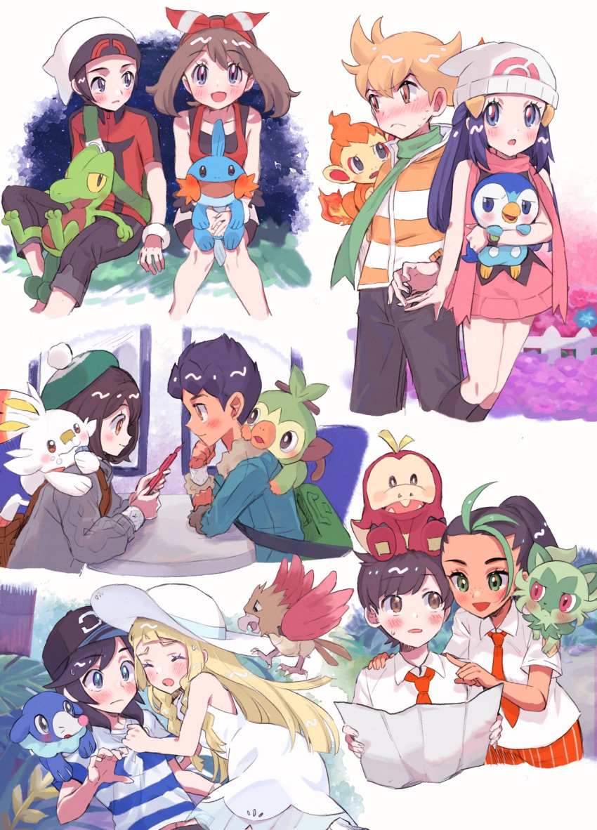 5boys 5girls :d abe_(kumayu) barry_(pokemon) beanie bird blonde_hair blush bow_hairband brendan_(pokemon) brown_hair cardigan chimchar closed_mouth collared_shirt dawn_(pokemon) dress elio_(pokemon) embarrassed eyelashes florian_(pokemon) fuecoco gloria_(pokemon) green_bag green_headwear green_scarf grey_cardigan grey_eyes grookey hair_ornament hairband hairclip hat highres holding holding_phone hop_(pokemon) jacket kneehighs knees lillie_(pokemon) may_(pokemon) mudkip multiple_boys multiple_girls necktie nemona_(pokemon) on_head on_lap open_mouth orange_shorts pants phone pink_skirt piplup pokemon pokemon_(creature) pokemon_(game) pokemon_dppt pokemon_on_head pokemon_on_lap pokemon_oras pokemon_sm pokemon_sv pokemon_swsh poketch ponytail popplio red_hairband red_shirt rotom rotom_phone scarf scorbunny shirt short_sleeves shorts sitting skirt sleeveless sleeveless_dress sleeveless_shirt smile socks spearow sprigatito striped striped_jacket striped_shirt sun_hat t-shirt tam_o'_shanter treecko watch white_dress white_headwear wristwatch