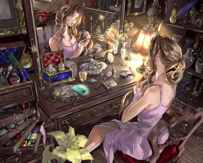 1girl aerith_gainsborough book bottle brown_hair cait_sith_(ff7) candle candle_wax candlelight candlestand carousel cellphone clock cloud_strife crown desk_lamp drawer eni_(yoyogieni) feathers final_fantasy final_fantasy_vii final_fantasy_vii_remake flower gem green_eyes green_feathers high_detail highres jacket jewelry jewelry_box lamp lip_balm lipstick looking_at_mirror makeup mirror perfume_bottle phone plant potted_plant red_jacket sitting stuffed_toy table telescope toy vanity_table vase