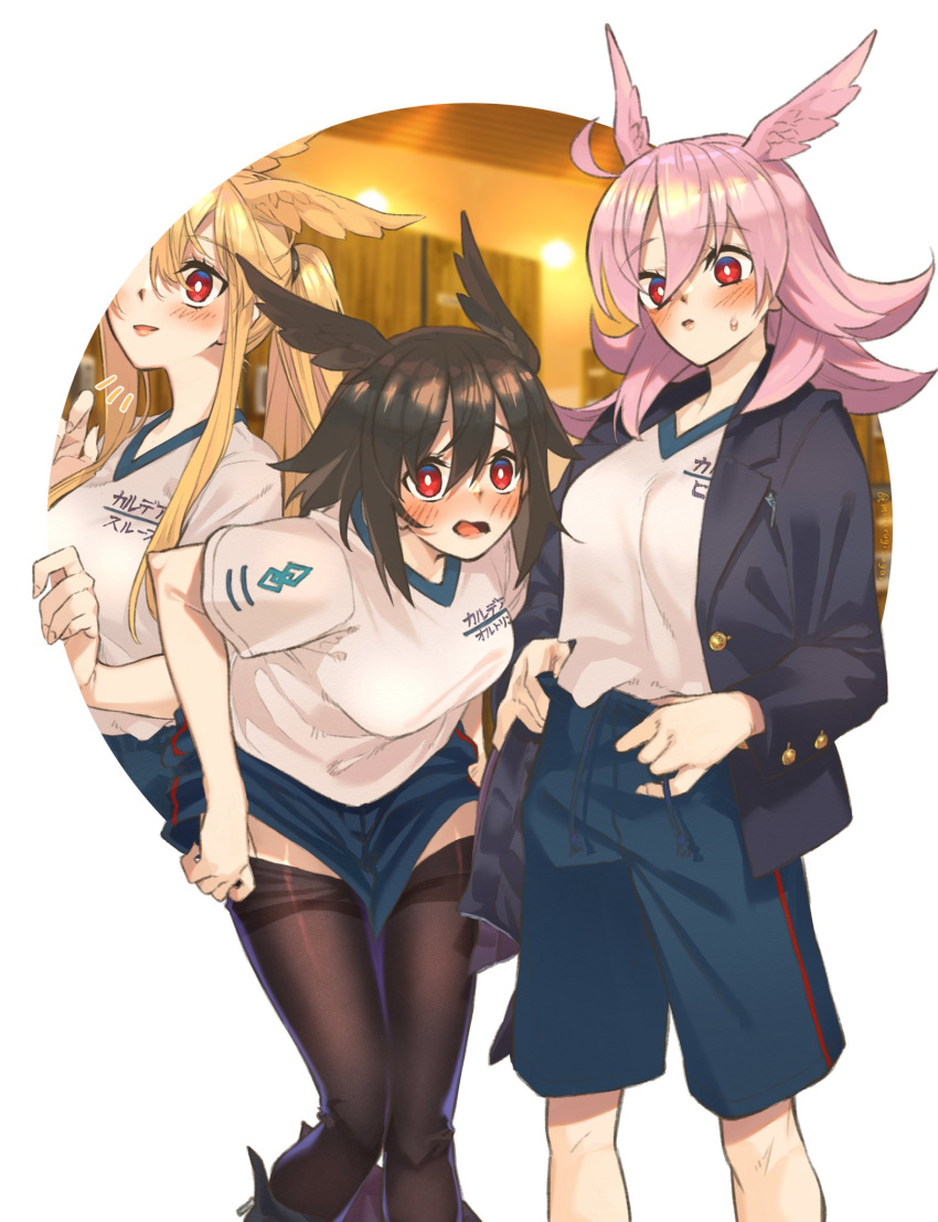 3girls black_hair black_jacket blonde_hair blue_shorts blush breasts brown_pantyhose fate/grand_order fate_(series) gym_shirt head_wings highres hildr_(fate) jacket large_breasts leaning_forward long_hair long_sleeves looking_at_viewer mitsurugi_sugar multiple_girls open_clothes open_jacket open_mouth ortlinde_(fate) pantyhose pink_hair ponytail red_eyes shirt short_hair short_sleeves shorts sidelocks thrud_(fate) valkyrie_(fate) white_shirt wings