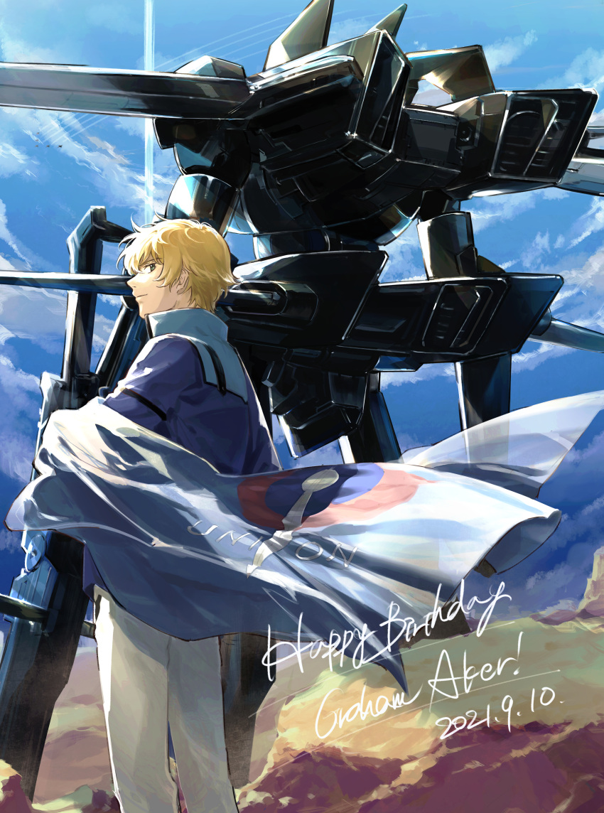 1boy 2021 absurdres armor black_armor blonde_hair blue_flag blue_jacket blue_sky character_name closed_mouth cloud cloudy_sky commentary_request dated flag from_behind graham_aker green_eyes gundam gundam_00 happy_birthday highres holding holding_flag holding_weapon jacket light_smile long_sleeves looking_at_viewer looking_back mecha military_jacket military_uniform mobile_suit nanao_parakeet outdoors pants robot science_fiction short_hair sky standing uniform union_flag very_short_hair weapon white_pants wings