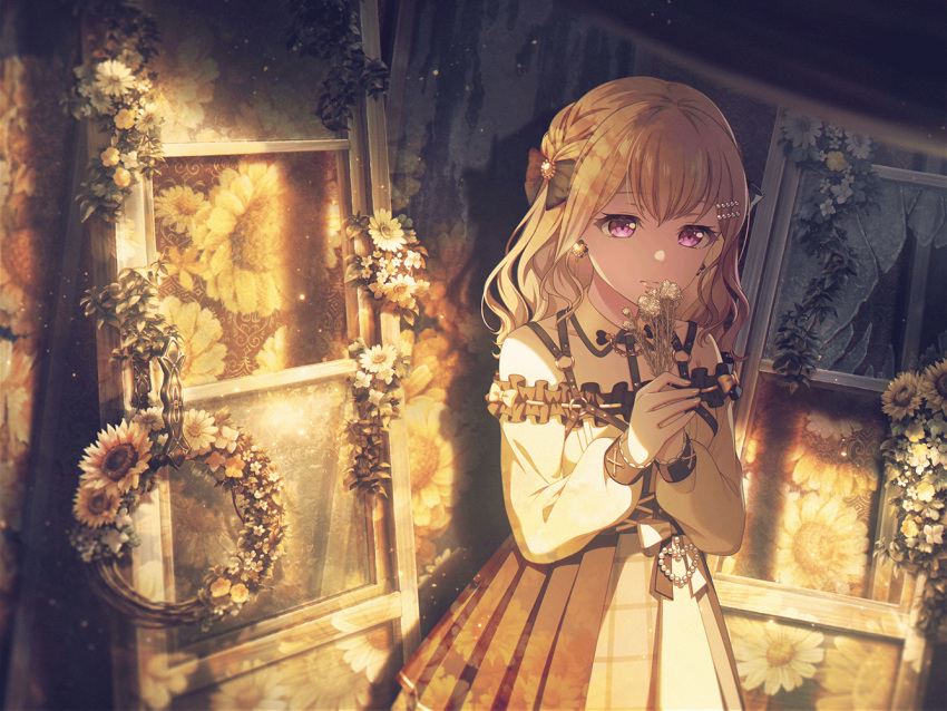 1girl bang_dream! blonde_hair bow braid broken_window chest_harness dress earrings floral_background floral_print flower flower_wreath frills hair_bow hair_ornament hairclip harness heart holding holding_flower jewelry lapel_pin light_frown long_hair looking_down o-ring_harness off-shoulder_dress off_shoulder official_art pearl_hair_ornament purple_eyes shirasagi_chisato solo sunflower third-party_source vignetting wavy_hair window yellow_theme