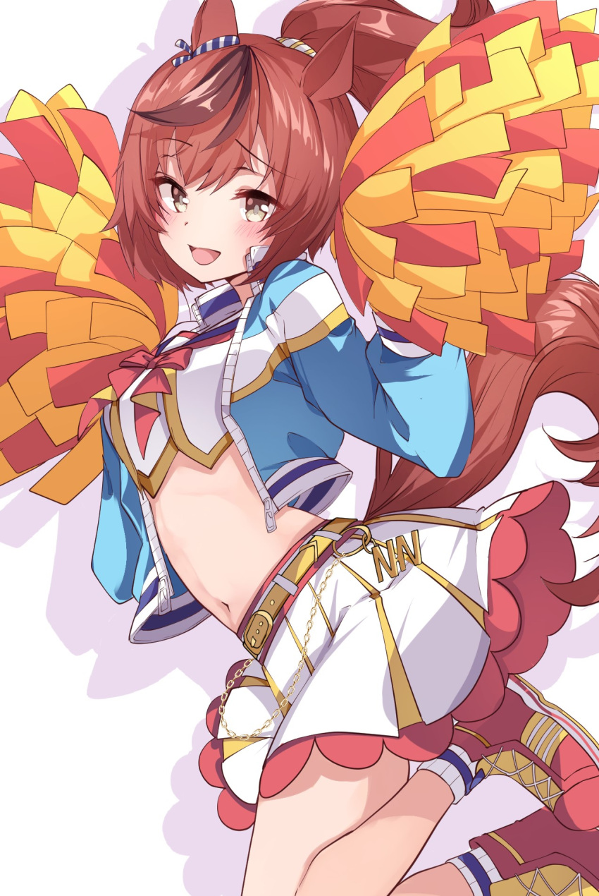 1girl alternate_costume alternate_hairstyle belt blush breasts brown_eyes cheerleader commentary_request hair_between_eyes hair_ornament highres jacket medium_breasts medium_hair midriff navel nice_nature_(umamusume) open_mouth pom_pom_(cheerleading) red_hair ribbon risumi_(taka-fallcherryblossom) shoes simple_background solo umamusume white_background