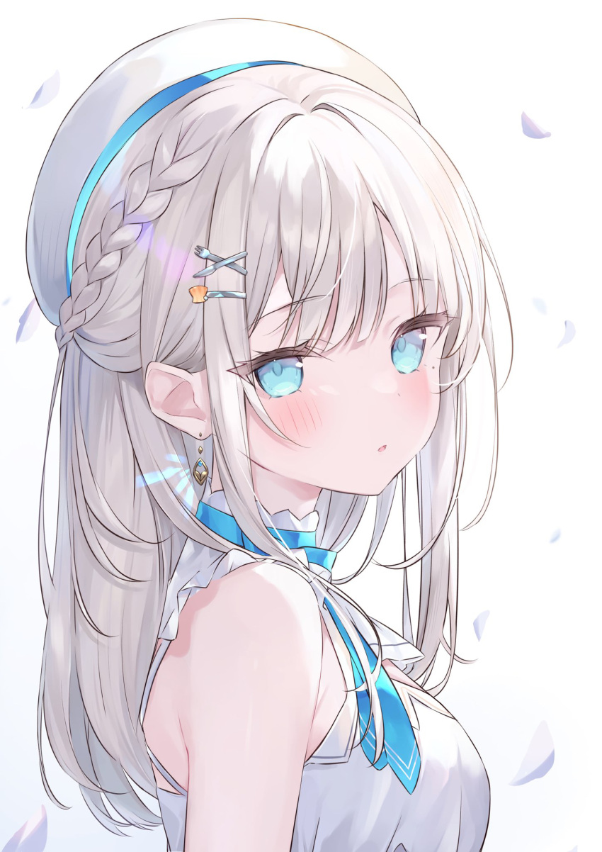 1girl bare_shoulders beret blue_eyes blush braid commission drop_earrings earrings fork_hair_ornament from_side hair_ornament hairclip hakua_aa hat highres jewelry knife_hair_ornament long_hair looking_at_viewer nagino_mashiro skeb_commission solo upper_body virtual_youtuber white_background