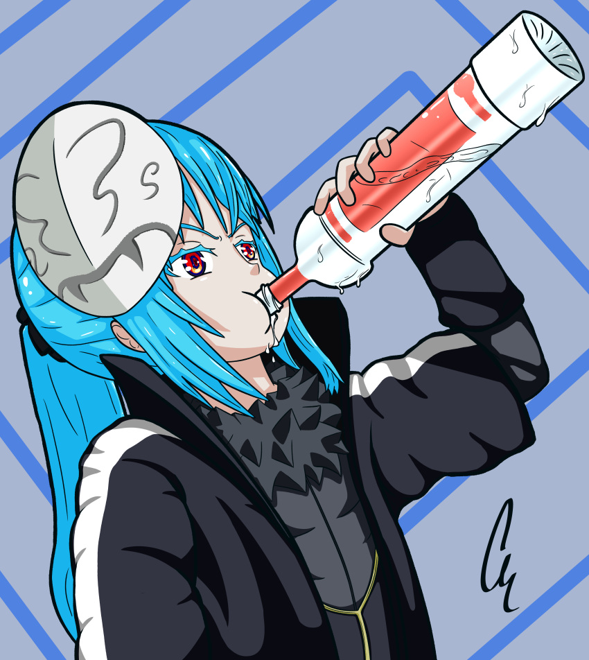 absurdres alcohol blue_hair bottle chugging condensation drink drinking dripping fur_scarf hair_ribbon highres holding holding_drink mask monster_boy non-web_source ponytail red_eyes ribbon rimuru_tempest rimuru_tempest_(slime) simple_background slime_(creature) slime_(substance) slime_boy straight_hair tensei_shitara_slime_datta_ken vodka