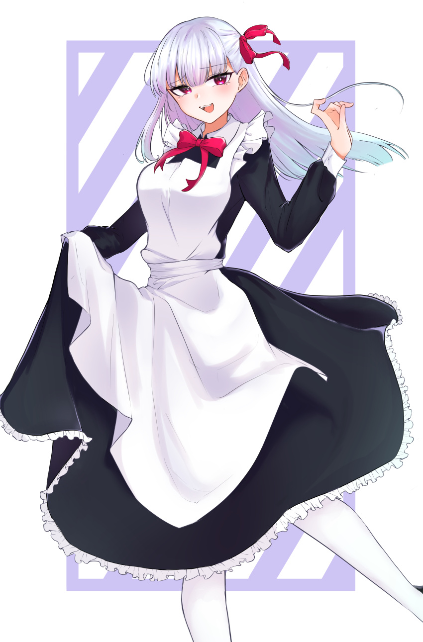 1girl absurdres alternate_costume aoooi1031 apron black_dress bow bowtie breasts dress enmaided fate/grand_order fate_(series) frilled_dress frills grey_hair hair_ribbon highres kama_(fate) long_hair long_sleeves looking_at_viewer maid maid_apron medium_breasts open_mouth purple_eyes red_bow red_bowtie red_ribbon ribbon round_teeth solo teeth upper_teeth_only white_apron