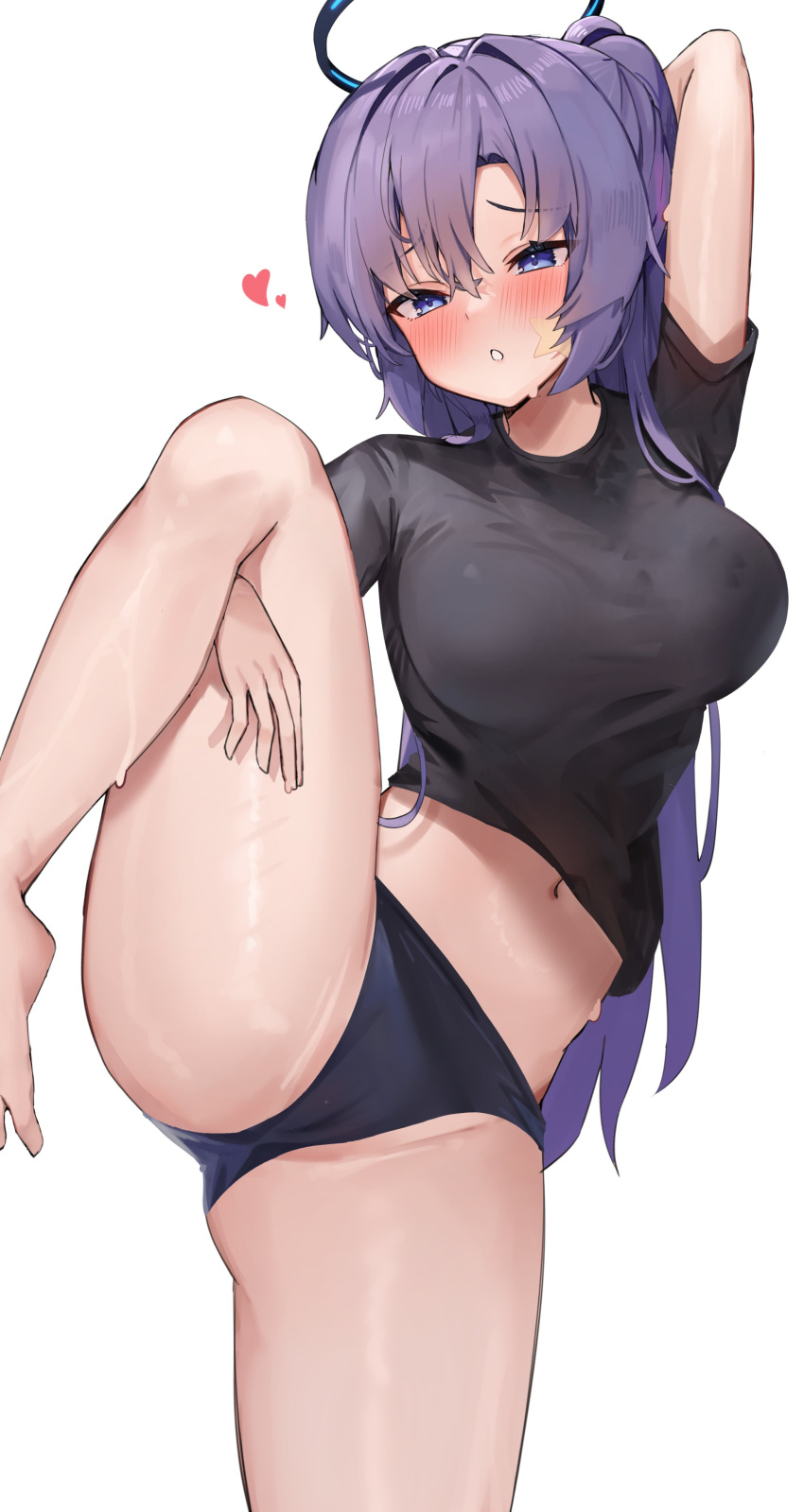 1girl absurdres barefoot black_buruma black_shirt blue_archive blush breasts buruma foot_out_of_frame hair_between_eyes halo heart highres kuroshiro_kanae large_breasts long_hair mechanical_halo navel official_alternate_costume open_mouth ponytail purple_eyes purple_hair shirt short_sleeves simple_background solo white_background yuuka_(blue_archive) yuuka_(track)_(blue_archive)