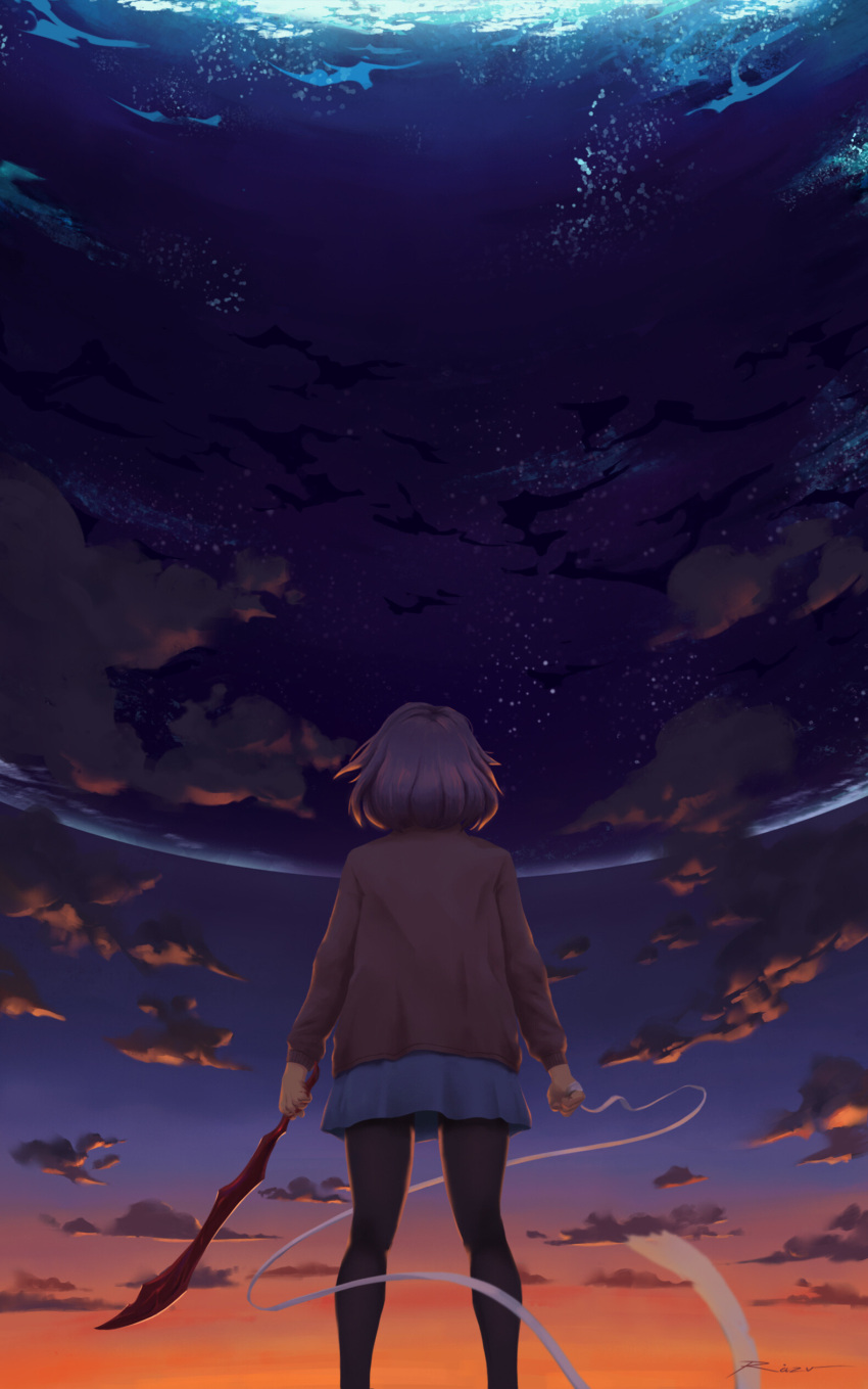 1girl absurdres back bandages blood blood_on_hands cloud dark_clouds facing_up fighting_stance highres kuriyama_mirai kyoukai_no_kanata orange_hair pantyhose razv.art short_hair skirt threat wind