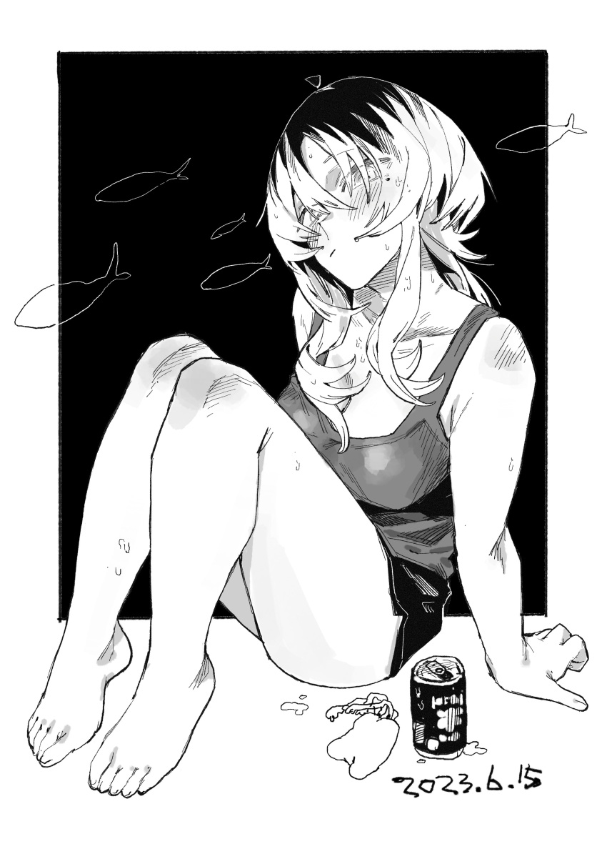 1girl absurdres bare_legs barefoot beer_can black_background black_shorts border breasts camisole can cleavage closed_mouth dated feet fish greyscale hair_over_eyes hand_on_ground highres knees_up long_hair looking_at_viewer mashimashi medium_breasts monochrome multicolored_hair original short_shorts shorts sidelocks sitting solo streaked_hair sweat toes white_border