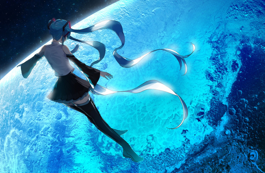 aqua_hair black_skirt black_thighhighs detached_sleeves floating floating_hair full_body grey_shirt hatsune_miku highres image_sample long_hair miku_day mino_(minori) necktie outstretched_arms shirt shoes skirt sleeveless sleeveless_shirt space spread_arms thighhighs twintails twitter_sample very_long_hair