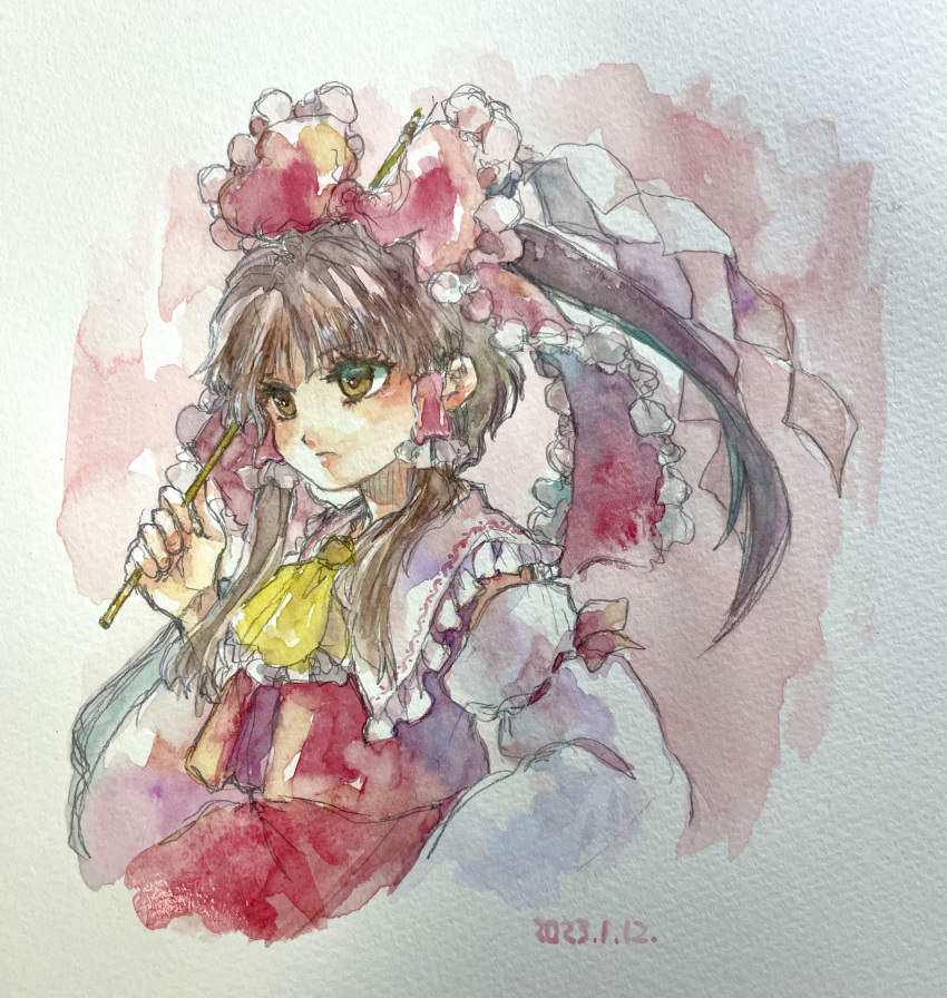 1girl absurdres bow brown_eyes brown_hair closed_mouth copyright_request dated detached_sleeves frilled_bow frilled_hair_tubes frilled_shirt_collar frills from_side front_ponytail hair_bow hair_ribbon hair_tubes hakurei_reimu highres one-hour_drawing_challenge painting_(medium) red_bow red_ribbon ribbon ribbon-trimmed_sleeves ribbon_trim shiroma_(mamiko) touhou traditional_media watercolor_(medium) white_background