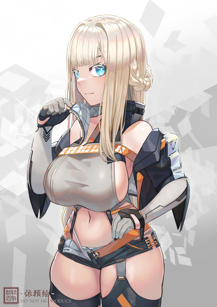 1girl black_jacket black_shorts blonde_hair blue_eyes braid breasts commentary_request eyebrows_hidden_by_hair hand_up highres jacket large_breasts long_hair long_sleeves looking_at_viewer natori_youkai off_shoulder open_clothes open_fly open_jacket open_shorts original panties short_shorts shorts sideboob solo stomach underwear very_long_hair white_panties