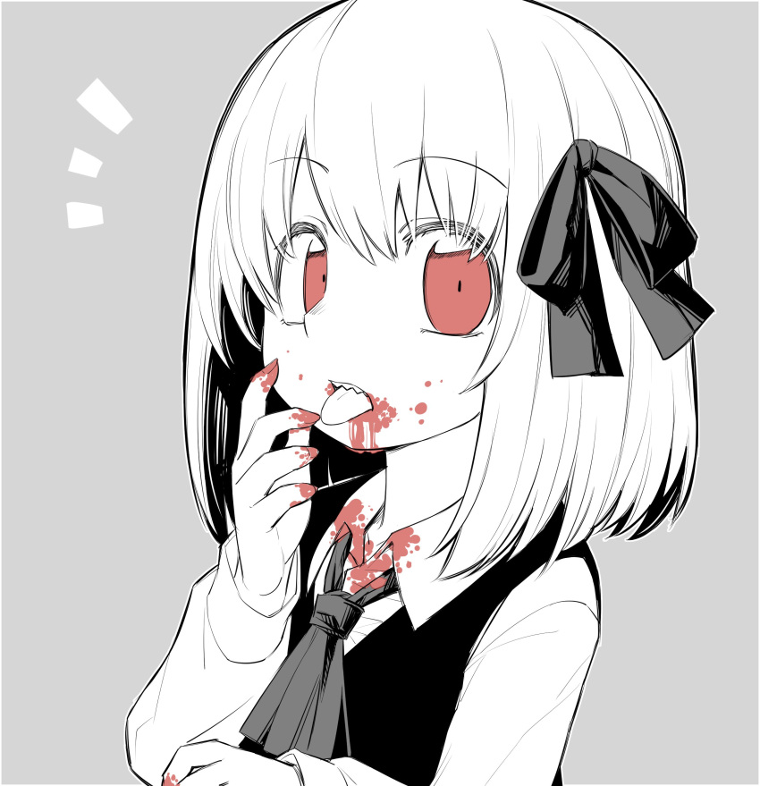 1girl absurdres ascot blood blood_on_clothes blood_on_face blood_on_hands collared_shirt grey_background hair_ribbon highres long_sleeves oninamako red_eyes ribbon rumia sharp_teeth shirt short_hair simple_background solo spot_color teeth tongue tongue_out touhou upper_body vest