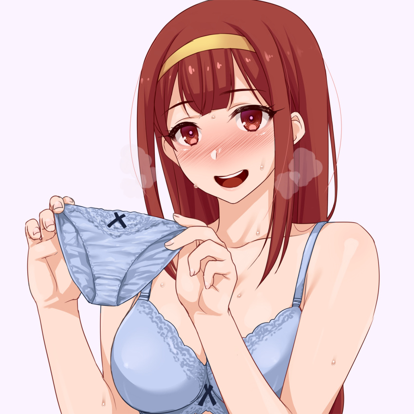 1girl blue_bra blue_panties blush bra breasts breath collarbone hairband highres holding holding_clothes holding_panties holding_underwear idolmaster idolmaster_million_live! long_hair looking_at_viewer medium_breasts namidame nose panties red_eyes red_hair sidelocks simple_background solo straight_hair sweat tanaka_kotoha underwear upper_body very_long_hair yellow_hairband