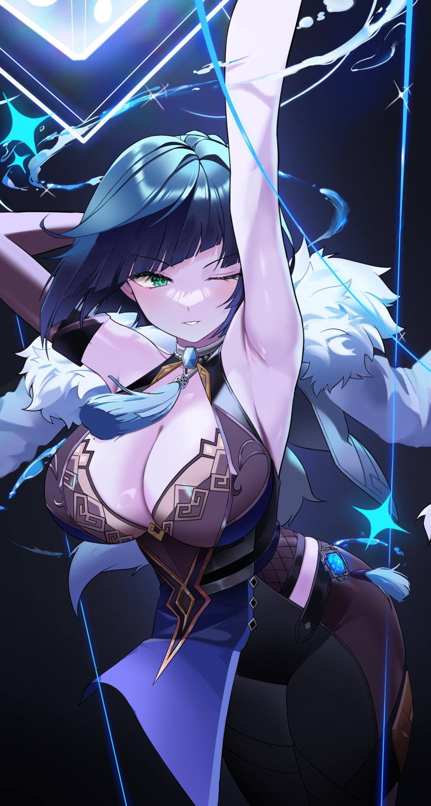 1girl absurdres armpits arms_up asymmetrical_gloves bare_shoulders bead_choker blue_hair blush bob_cut breasts cleavage diagonal_bangs dice elbow_gloves feather-trimmed_jacket feather_collar fur-trimmed_jacket fur_trim genshin_impact gloves green_eyes highres jacket jacket_on_shoulders jewelry large_breasts mismatched_gloves mole mole_on_breast neck_tassel one_eye_closed parted_lips short_hair single_elbow_glove smile solo sungnyung15 tassel_choker waist_cutout yelan_(genshin_impact)